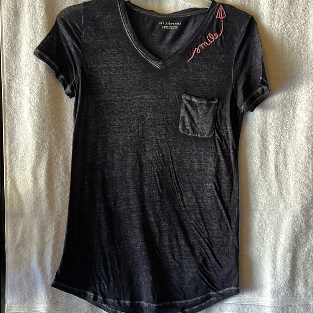 Black V-Neck T-Shirt with Pink Embroidery